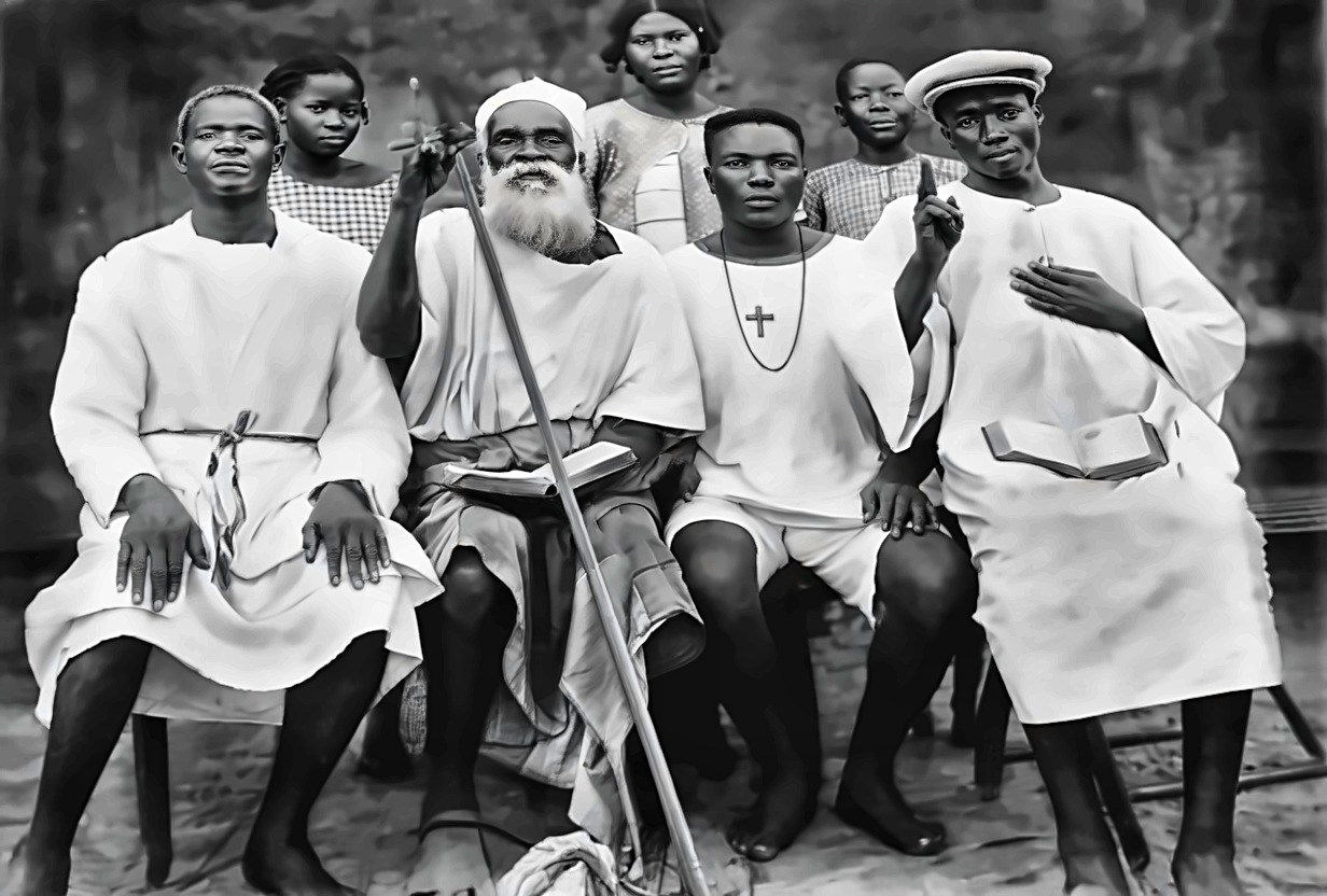 Cape Palmas, 1928 — le prophète Harris entouré de disciples en robes blanches