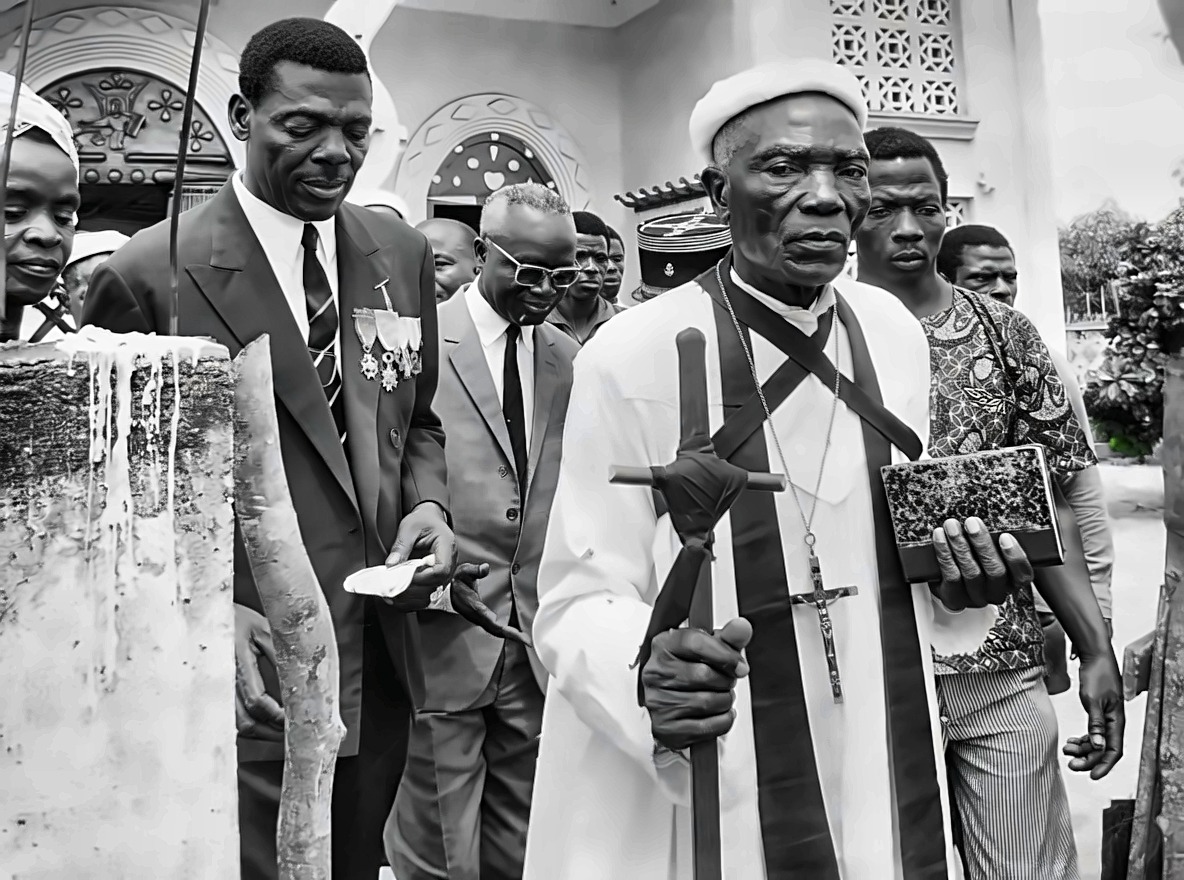 « Papa » John Ahui, suivi d'Albert Atcho, à Bregbo, le 1er novembre 1971