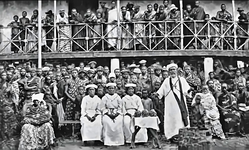 Ready for the day's work — le prophète Harris entouré de fidèles en robes blanches et d'une foule nombreuse